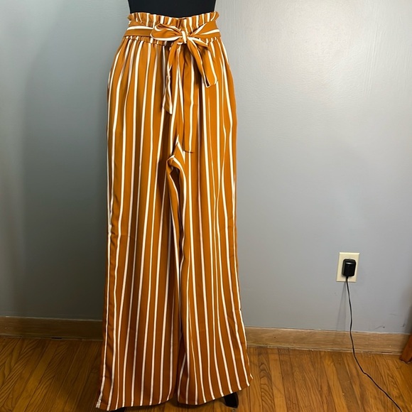Pants - Orange and White Striped Scrunch Waist Flare Leg Pants